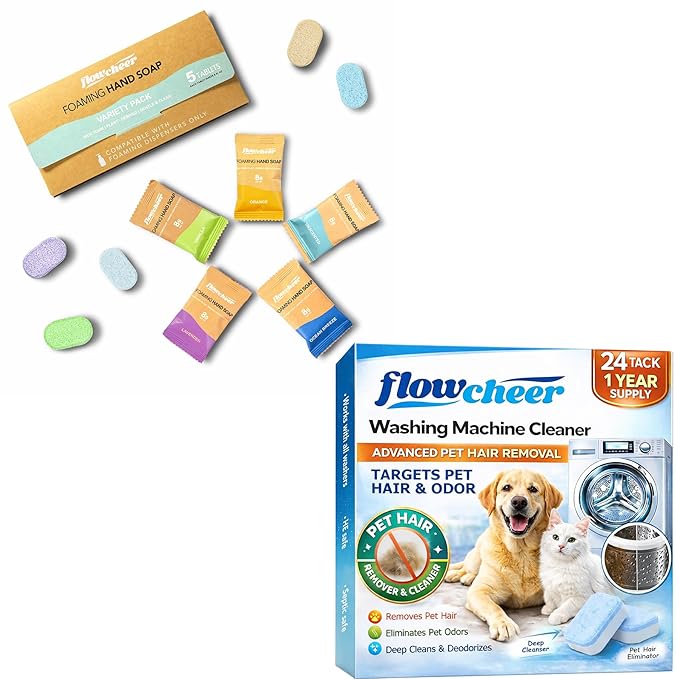flowcheer Hand Soap Tablet Refills + Washing Machine Cleaner Descaler Tablets Bundle – Eco Foaming Hand Wash + Deep Clean Laundry Machine Maintenance Kit