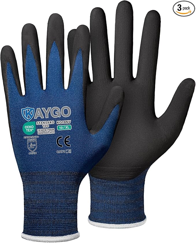 KAYGO Safety Work Gloves MicroFoam Nitrile Coated, 3 Pairs KG18NB,Seamless Knit Nylon Glove for Men and Women, Ideal for Automotive,Warehouse,Construction (XL, Dark Blue)