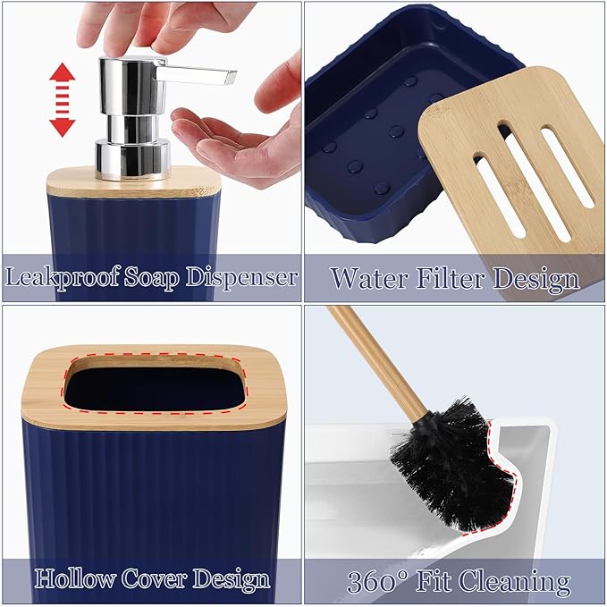XLHOMO Navy Blue Bathroom Accessories with Bath Towels Ombre Shower Curtain, Blue Bathroom Setwith Trash Can,Toothbrush Holder,Toothbrush Cup,Soap Dispenser,Soap Dish,Toilet Brush and Qtip Holders