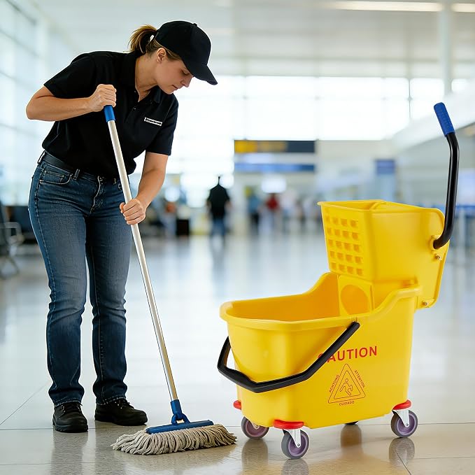 Commercial Mop Bucket with Side Press Wringer on Wheels, 35 Quart Capacity for Floor Cleaning, Kitchens, Restaurants, and Janitorial Use, Yellow