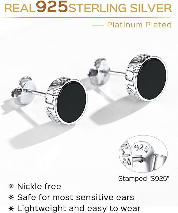 ChicSilver 925 Sterling Silver Viking Rune Natural Black Onyx Stud Earrings For Women Men