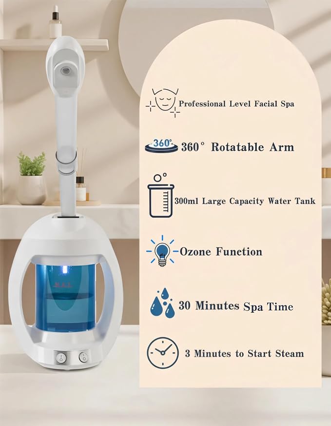 Facial Steamer, Face Steamer for Esthetician and Nano Ionic Portable Ozone Hair Steamer, Professional Facial Steamer for Home Facial Spa(White)