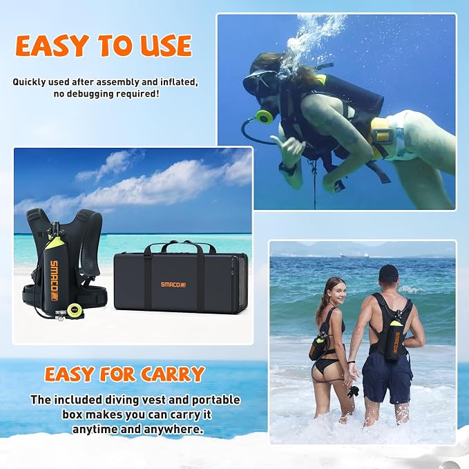 SMACO Mini Scuba Tank 1.9L Capacity Diving Oxygen Tank for Underwater Breathing Reusable Small Scuba Tank Kit with Portable Bag Scuba Cylinder for Underwater Entertainment/Diving Work