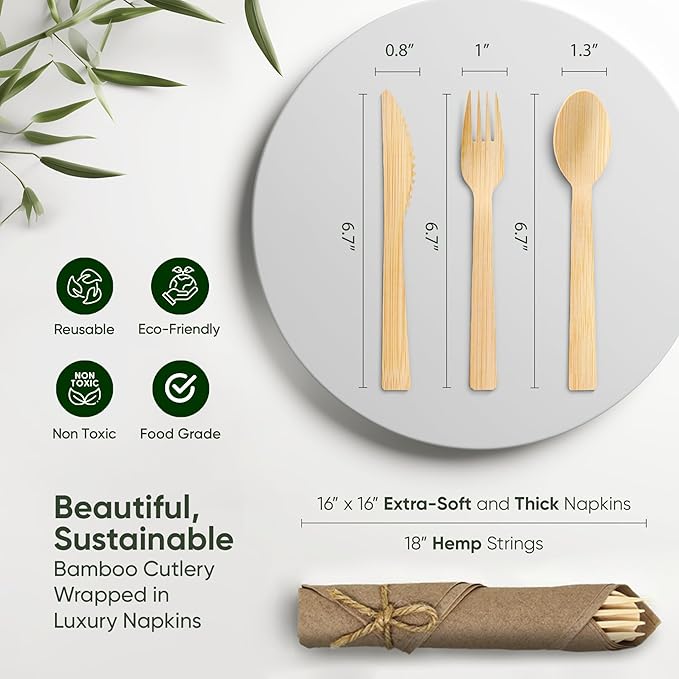EcoPreps Premium Pre Rolled Napkin and Bamboo Cutlery Set with Brown Napkins (30 Pack, 120 PCS) 100% Biodegradable, Eco-Friendly, Disposable Wrapped Cutlery - Pre-Wrapped Bamboo Forks, Knives, Spoons