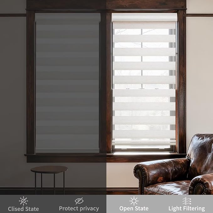 MYshade Cordless Zebra Blinds with Free-Stop Function - Dual Layer Light Filtering & Privacy Sheer Shades for Day and Night - Easy Install Window Shades for Home, Living Room, 33" W x 72" H,Beige