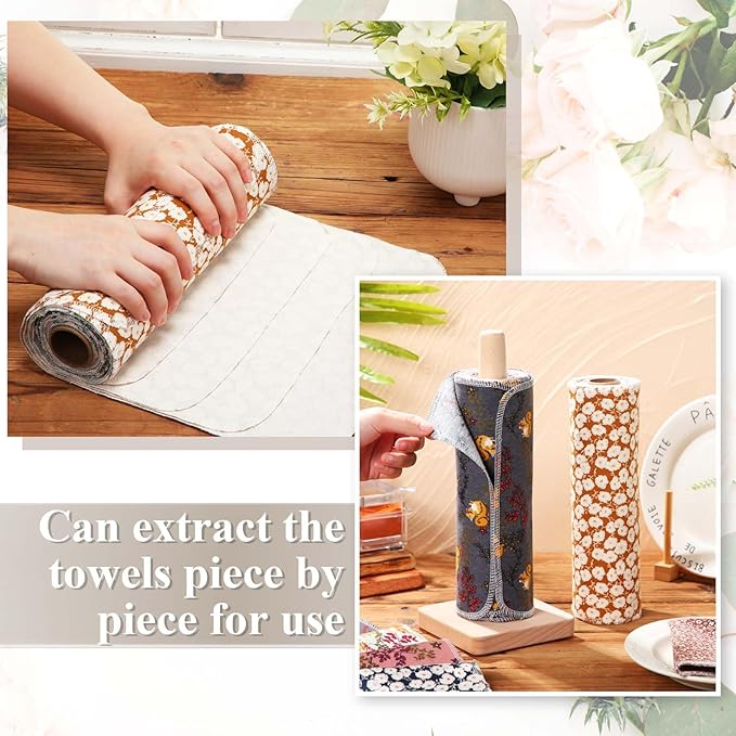 Redbaker 50 Pcs Reusable Paper Towels Paperless Reusable Cotton Cloths Toilet Absorbent Washable Paper Towels with Roll Kitchen Dishcloth for Kitchen Paperless Dishcloths(Classic)