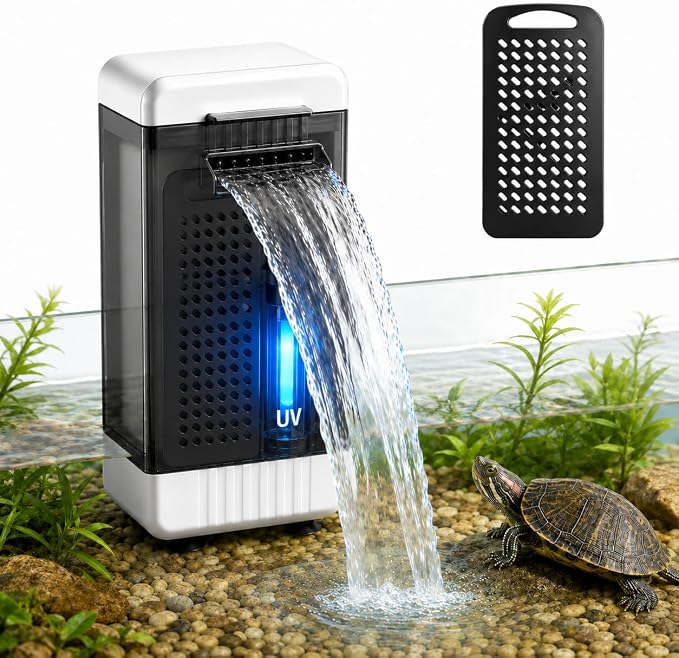 Turtle Tank Filter Aquarium Filter for 10-30 Gal. 66GPH Internal Filter 3-Stage Waterfall Bio-Filtration Low Water Level with U-V Light & Filter Sponge for Green Water