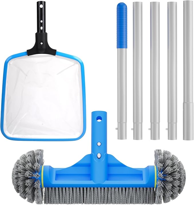 TidyMister 3PCS Cleaning Kit - 12.5'' Brush With Round End & 11'' Skimmer Net Fine Mesh & 5.7 Feet Thick Aluminum Pole 5-Segment, for Above Ground & Inground Pools Ponds