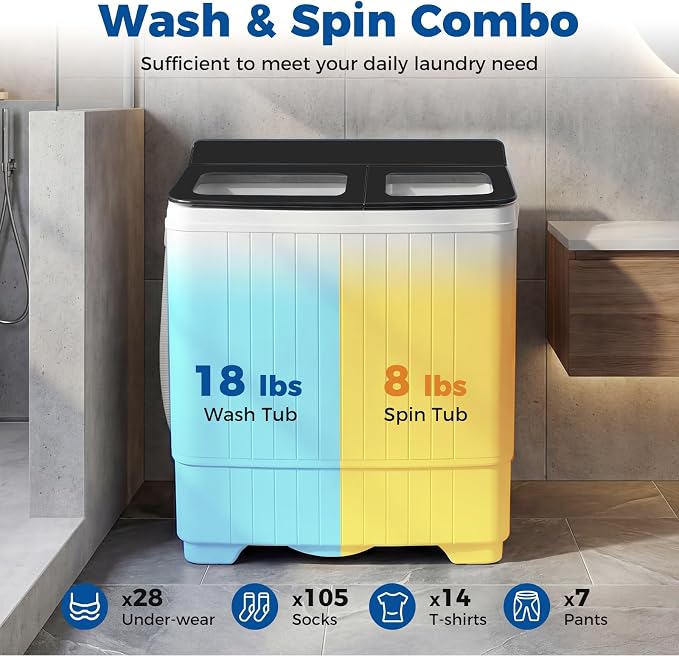 Giantex Portable Washing Machine, 26LBS Twin Tub Mini Compact Laundry Washer Spinner Combo with Drain Pump, 18Lbs Washer and 8Lbs Spinner for Apartments, RVs, Dorms, Black+White