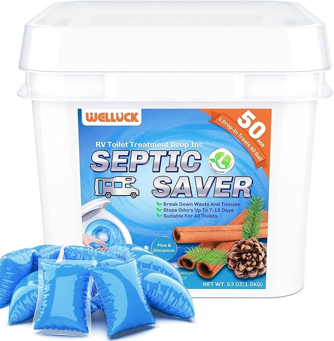 WELLUCK RV Toilet Treatment Drop-Ins, 50 Pack - 50 Week Supply Black Tank Deodorizer | Breaks Down Waste & Tissue | Septic Safe Treatment for RV, Camper, Marine Toilet | Pine & Cinnamon Scents