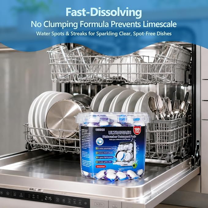180 Pack UltraWash Dishwasher Detergent Pods,No Pre-Rinse Dishwasher Detergent Soap On Stain and Grease, Cuts Grease & Stuck-On Food,Sparkling Dishes & Glasses,Dishwasher Detergent for Deep Cleaning