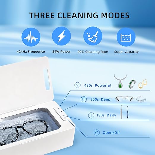 Ultrasonic Jewelry Cleaner Pro for Silver，Eyeglasses, Rings, Retainers, Dentures，Watch Strap, 3 Timer Modes，450ml Capacity (White)