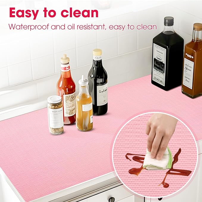 Drawer and Shelf Liner, Non-Slip Kitchen Cabinet Liners Non-Adhesive Thick Strong Grip Waterproof Washable Mats Protect Dresser Shelves Cupboard Bathroom Cabinets, Pink, 18 in X 10 FT