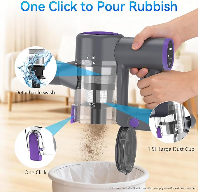BlueEpic Cordless Vacuum Cleaner, 40KPA 45Mins Rechargeable Vacuum Cordless, Stick Vacuum with 2 Adjustable Modes, Handheld Vacuum for Home/Pet Hair/Carpet/Floor (Purple)