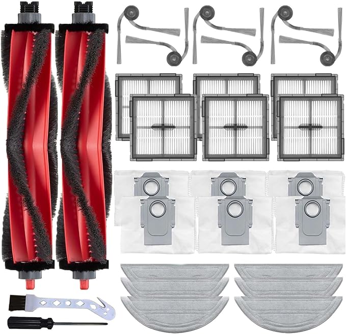 28Pcs Q10 S5+ Accessories Kit Replacement Compatible with Roborock Q10 S5+ /Q10 S5 Robot Vacuum, 2 Main Brush, 6 Side Brushes, 6 mop Pads, 6 Dust Bag, 6 HEPA Filters, 2 Cleaning Tool