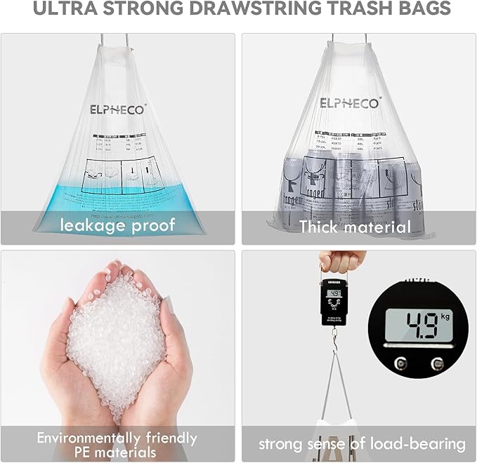 ELPHECO 2.5 Gallon Trash Bags │ 15 Liters Drawstring Garbage Bags │ Small Trash Bags For Bathroom Office Living Room Use │ Suitable For 1.5-4 Gallon Trash Can │ 18"×20" │ 180 Count / 18 Rolls │ A
