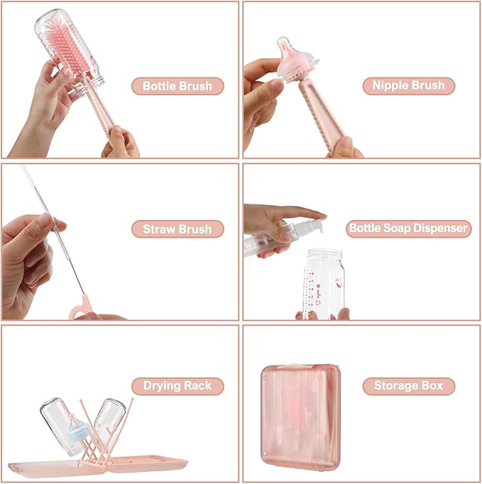 6 in 1 Bottle Cleaning Brush Set with Silicone Bottle Brush, Nipple Brush, Straw Brush, Soap Dispenser, Drying Rack for Baby Bottle and Water Bottle, Space Saving Baby Essentials for Home and Travel
