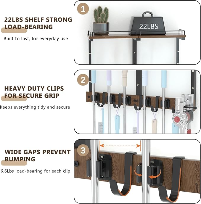 Mop Holder Wall Mount with Cleaning Supplies Organizer, Wood Mop and Broom Hanger Rack Organizer with Anti-Fall Wall Shelf with 5 Clips & Hooks for Garage Laundry Room Kitchen (Dark)