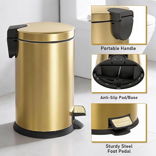 SIMPLYKLEEN Bathroom Trash Can with Lid - 4PC 1.3 Gallon/ 5L Oval Small Trash Can with Soft-Close Lid, Foot Pedal, Brushed Stainless Steel, Removable Liner, Garbage can for Kitchen, Office, Home Gold