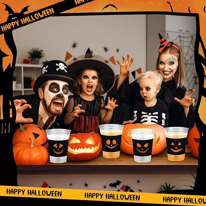 Bokon 100 Pcs Pumpkin Halloween 12 oz Plastic Cups Disposable Cocktail Glasses Happy Halloween Cute Disposable Cups for Coffee Juice Hot Cold Drinks Party Supplies(Black, Pumpkin)