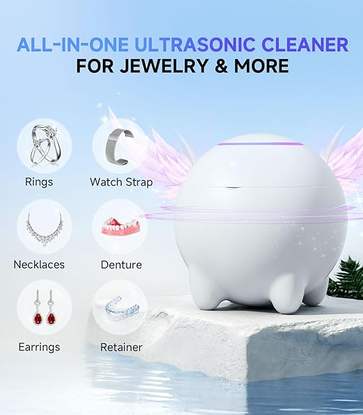 Ultrasonic Jewelry Cleaner Machine, 45KHz Retainer Cleaner Ultrasonic Professional for Dentures, Ring, Earrings Sterling Silver Deep Cleaning with 4 Modes, Timer, Low Noise, 304 Stainless Steel Tank