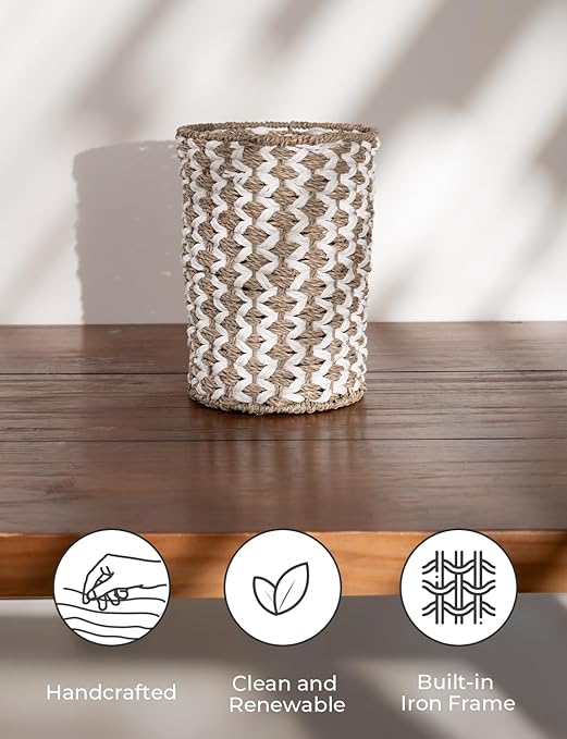 StorageWorks Wicker Waste Basket, Small Trash Can with Handwoven Seagrass and Paper Rope, Wicker Garbage Can for Bedroom, Bathroom, 1 Pack