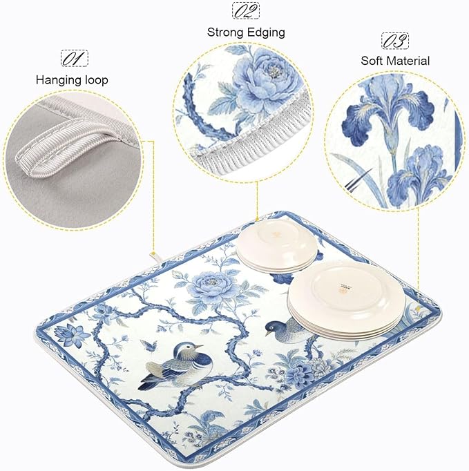 Absorbent Dish Drying Mat Microfiber Dish Drying Pad Reversible Drainer Mats for Countertop, Spring Cute Birds Kitchen Counter Decor, 16'' x18''