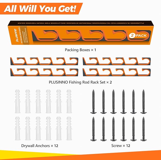 PLUSINNO H5 Horizontal Fishing Rod/Pole Holders for Garage, Wall Ceiling Mounted Fishing Rod Holder, Aviation Aluminum Fishing rod rack Holds up to 5/10/20 Rod or Combos Fishing Gear and Gifts for Men