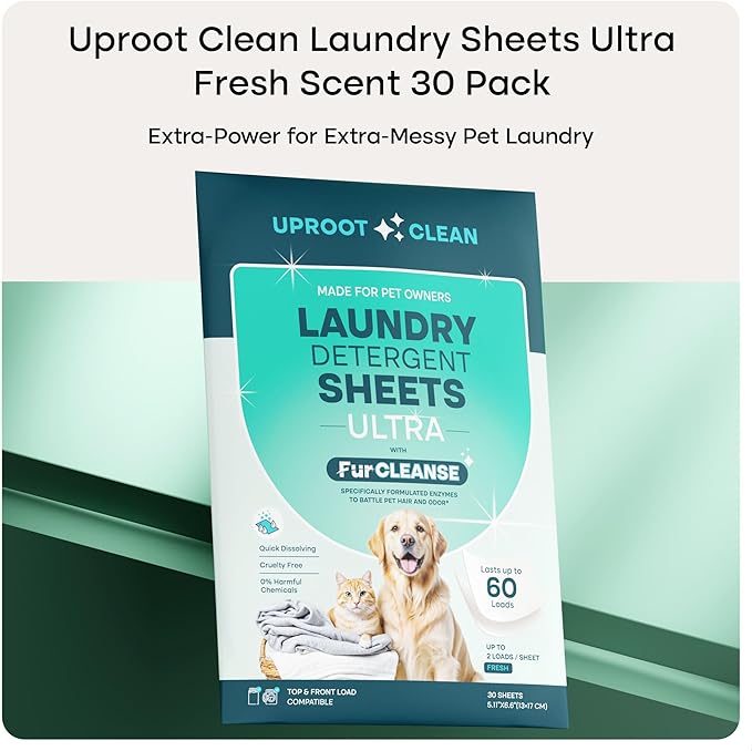 Uproot Clean Washing Machine Cleaner Tablets Ultra 24 Pack & Laundry Sheets Ultra Fresh Tide 30 Pack: Made for Pet Owners - Refresh & Protect - Eliminate Odor & Fur - Compatible With All Machines