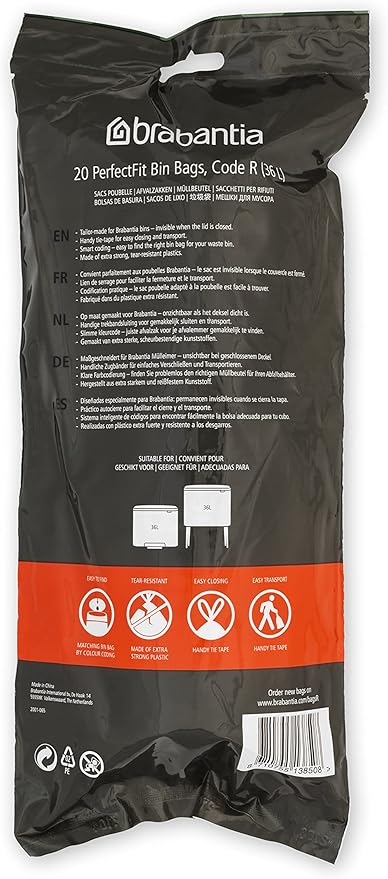 Brabantia PerfectFit Trash Bags (Size R/9.5 Gal) Thick Plastic Trash Can Liners with Drawstring Handles (120 Bags)