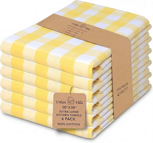 Urban Villa Easter Kitchen Towels Set of 6 Buffalo Checks Yellow/White Kitchen Towels 20X30 Inches 100% Cotton Highly Absorbent Kitchen Towels Premium Quality Ultra Soft Mitered Corners KitchenTowels