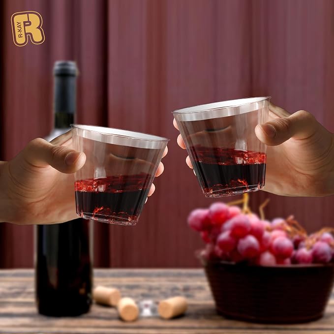 R-kay Silver Plastic Cups - 100 Pack - 9 Oz Clear Cups - Hard, Disposable, Heavy Duty Party Cups - Plastic Wine & Cocktail Glasses