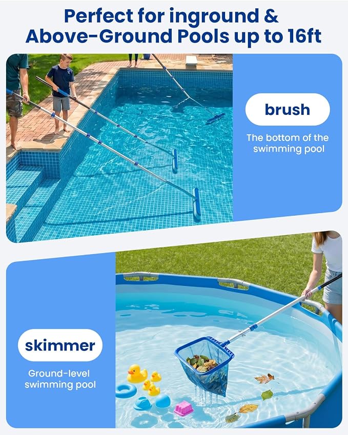 Pool Cleaning Kit with Pole 4-16 ft, Pool Brush with Pole & Mesh Pool Skimmer Net with Pole, Telescopic Pool Pole, Pool Net and Accessories for Above/in Ground Spas & Hot Tubs