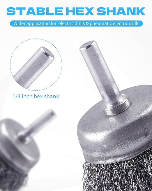 Rocaris 7-Pack Carbon Steel Wire Wheel Brush Set - Cup, Wheel, Pen Brushes with 1/4-Inch Round Shank for Rust Removal, Corrosion and Scrubbing Surfaces