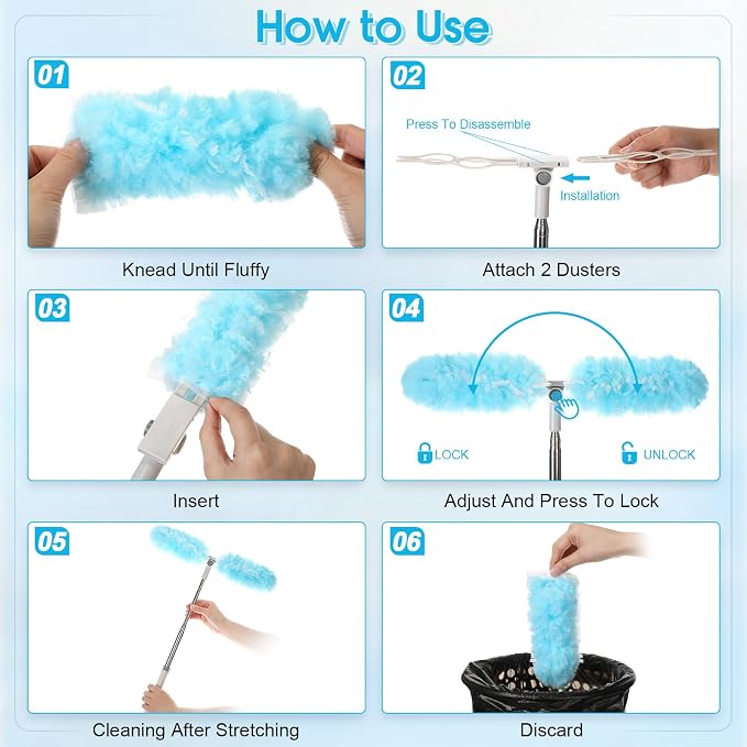6 ft Extendable Duster Handle with 40 Refills and 1 Pair of Gloves Compatible with Swiffer Duster 360° Heavy Duty Microfiber Dusters Kit for Cleaning High Ceilings and Fans, Vents(Blue)