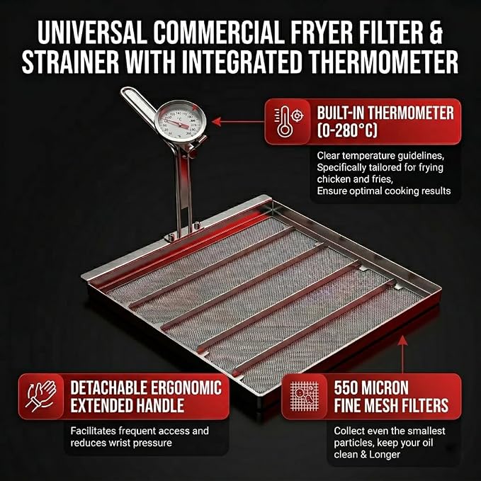 Commercial Deep Fryer Filter AF45, 13.75" x 13.75" 304 Stainless Steel with Thermometer, 550 Micron Skimmer Fryer Strainer for Kitchens & Restaurants, Extend Oil Life by 40%