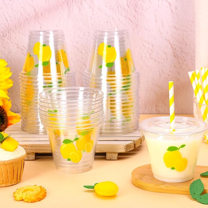 Whaline 100Pcs 9Oz Lemon Disposable Plastic Cups with Lids and Straws Summer Citrus Fruit Cold Beverage Drinking Cups for Birthday Baby Shower Party Supplies
