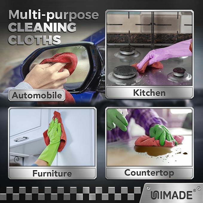 UNIMADE Shop Towel Rag, 200 Pack Reusable Rags Bulk Microfiber Cleaning Cloth Lint Free Towels for Car Kitchen Automotive Bar Mechanic Restaurant Garage, 11.5"x 11.5", Red
