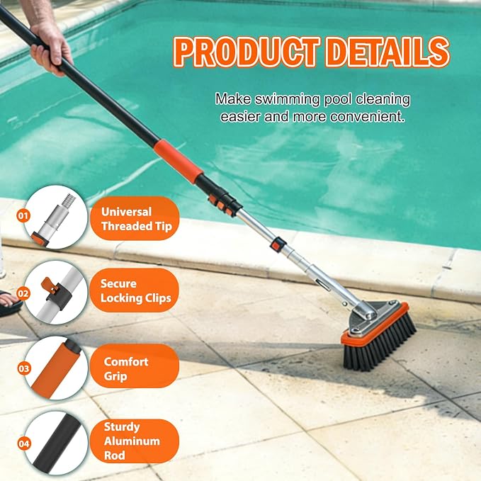 SISIUPASSIE Pool Brush Kit with Pole, Upgrade 18" Pool Brush and High-Efficiency Stainless Steel Bristles Brush with Telescopic Pole for Cleaning Pool Walls, Curved Ends, Tiles & Floors, 16 FT
