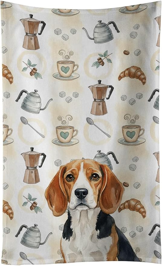 Caroline's Treasures Beagle Coffee Bar Kitchen Towel Velour Plush Front and Cotton Loop Back Machine Washable