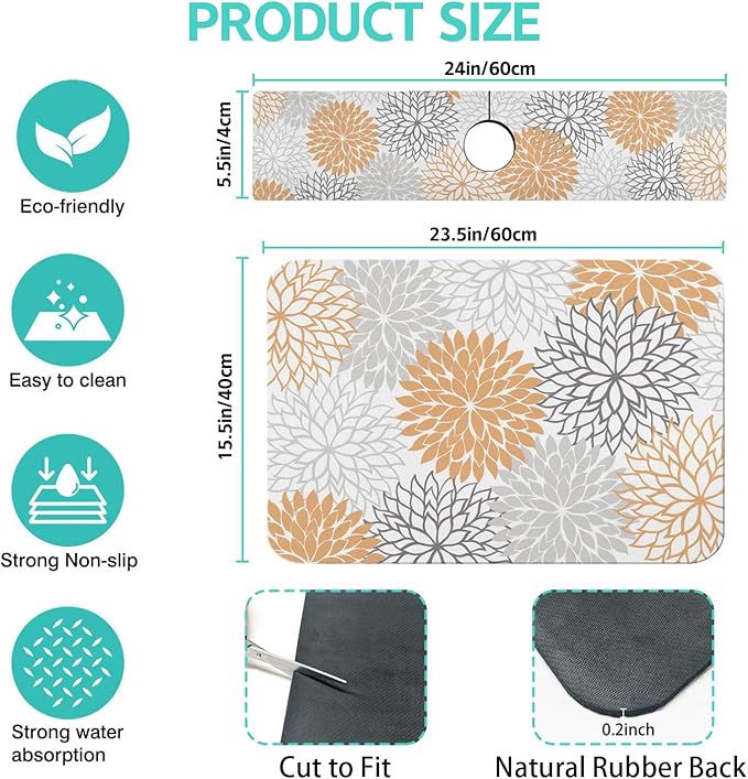 Dish Drying Mat for Kitchen Counter Matt, 2PCS 23"x15" Dish Drainer Mat & 24"x5.5" Sink Splash Guard, Super Absorbent Non-slip Rubber Backed