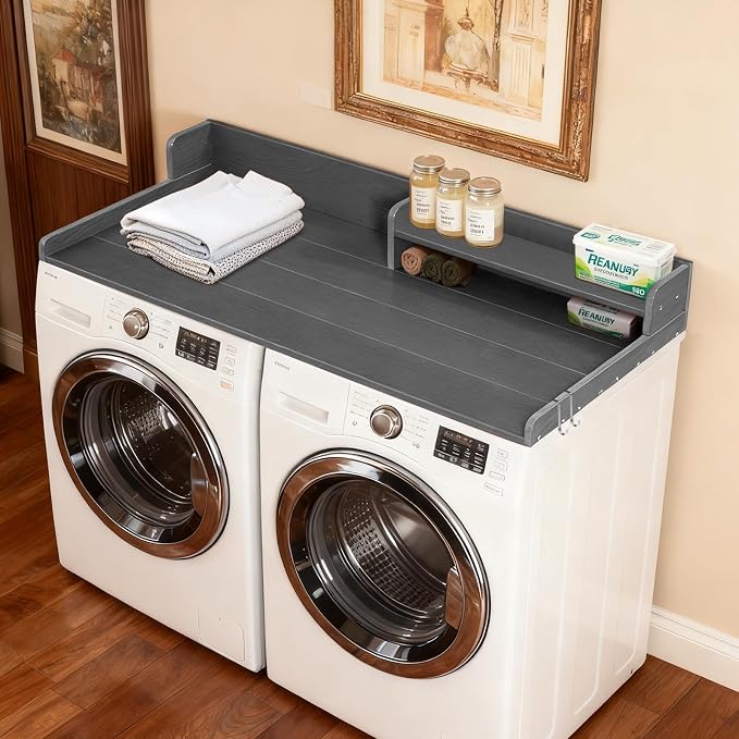 Washer Dryer Countertop, HDPE Laundry Countertop with Storage Shelf and Edge Rails-Grey