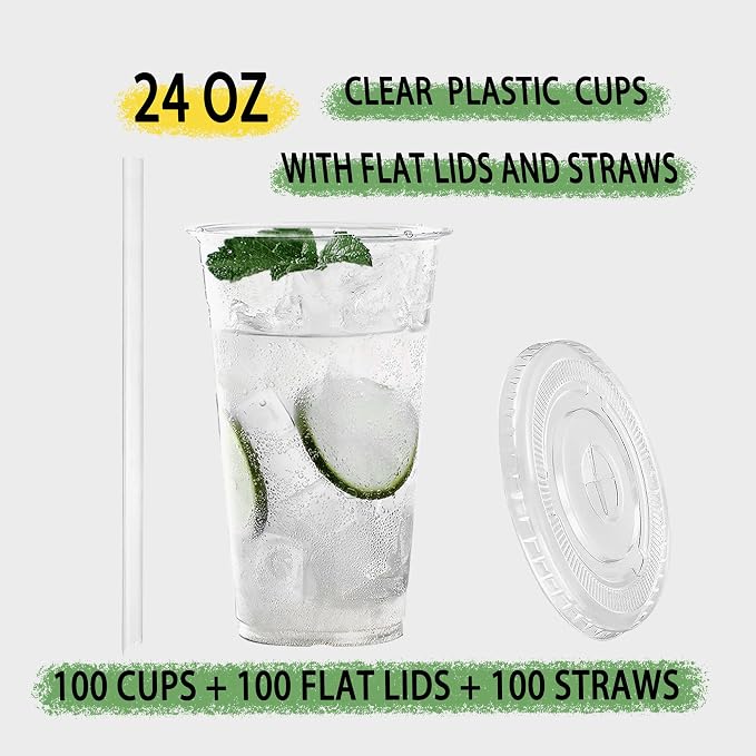 TashiBox 100 sets 24 oz plastic cups with flat lids and straws, smoothie cups with lids and straws, meal prep plastic large cups