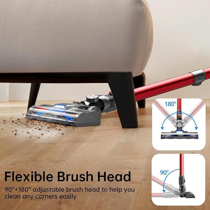 Cordless Vacuum Cleaner for Home, Red, 45 Min Runtime, LED Headlights, 2-Speed, Telescopic Tube, Powerful Suction, Rechargeable, Lightweight & Versatile Household Essentials Stick Vacuum Cordless