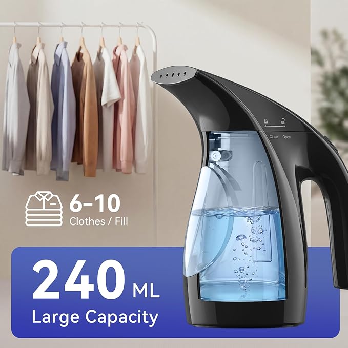 HiLIFE Steamer for Clothes, Portable Handheld Design, 240ml Big Capacity, 700W, Strong Penetrating Steam, Removes Wrinkle, for Home, Office(ONLY FOR 120V) (Ink Black)