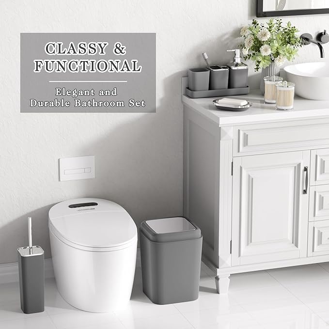 XLHOMO Grey Bathroom Accessories Sets Complete, 9-Piece Bathroom Accessories with Trash Can, Vanity Tray, Soap Dispenser, Soap Dish, Toothbrush Holder, Toothbrush Cup, Toilet Brush and Qtip Holders