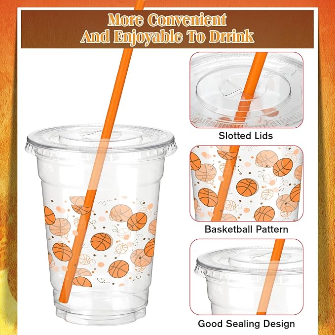 Yaomiao 300 Pcs 12 oz Basketball Plastic Cups with Lids and Straw Plastic Disposable Clear Cups Happy Basketball Theme Party Drinking Set for Party Supply