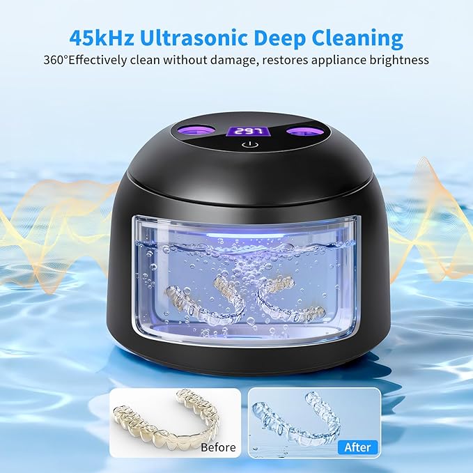 Ultrasonic Retainer Cleaner Machine, 45kHz Dental Ultrasonic Cleaner for Denture, Mouth Guard, Aligner, Braces, Toothbrush Heads, Jewelry, 5 Modes Cleaning, Digital Timer & 200ML Capacity