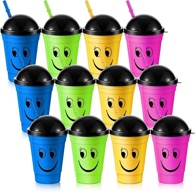 Bokon 12 Pack Smile Face Sipper Cups with Lids and Straws for Kids 12 oz Kids Reusable Plastic Cups with Lids for School Events Birthday Party Supplies, 4 Random Colors