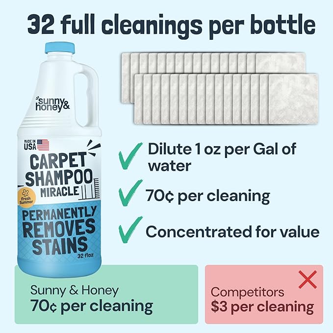Sunny & Honey Heavy Duty Carpet Cleaner Solution for Machines - Powerful Stain and Surface Odor Eliminator For New and Deep-set Pet Messes - For Rugs, Couches and Upholstery (32fl oz, Fresh Summer)